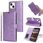 For iPhone 15 Plus Peony Flowers Imprint Leather Phone Case(Purple)