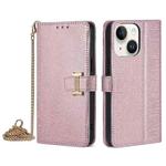 For iPhone 15 Plus POLA Crossbody Chain I-Shape Buckle Sequins Leather Phone Case(Rose Gold)