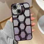 For iPhone 15 Electroplating Laser Engraving 3D Honeycomb Glitter TPU Phone Case(Purple)