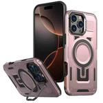 For iPhone 16 Pro Shield Hollow Frame Holder MagSafe Phone Case(Rose Gold)