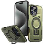 For iPhone 15 Pro Max Shield Hollow Frame Holder MagSafe Phone Case(Olive Green)