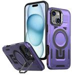 For iPhone 15 Plus Shield Hollow Frame Holder MagSafe Phone Case(Purple)