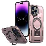 For iPhone 14 Pro Shield Hollow Frame Holder MagSafe Phone Case(Rose Gold)