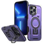 For iPhone 13 Pro Shield Hollow Frame Holder MagSafe Phone Case(Purple)