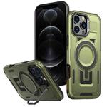 For iPhone 12 Pro Max Shield Hollow Frame Holder MagSafe Phone Case(Olive Green)