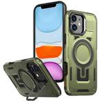 For iPhone 11 Shield Hollow Frame Holder MagSafe Phone Case(Olive Green)