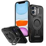 For iPhone 11 Shield Hollow Frame Holder MagSafe Phone Case(Black)