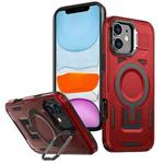 For iPhone 11 Shield Hollow Frame Holder MagSafe Phone Case(Red)