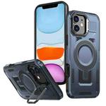 For iPhone 11 Shield Hollow Frame Holder MagSafe Phone Case(Navy Blue)