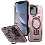 For iPhone XR Shield Hollow Frame Holder MagSafe Phone Case(Rose Gold)