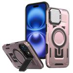 For iPhone 16 Plus Shield Frame Holder MagSafe Phone Case(Rose Gold)