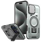 For iPhone 15 Pro Max Shield Frame Holder MagSafe Phone Case(Grey)