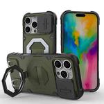 For iPhone 16 Pro Camera Shield Armor MagSafe Holder Phone Case with Strap(Dark Green)