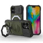 For iPhone 16 Plus Camera Shield Armor MagSafe Holder Phone Case with Strap(Dark Green)