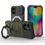 For iPhone 16 Camera Shield Armor MagSafe Holder Phone Case with Strap(Dark Green)