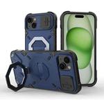 For iPhone 15 Camera Shield Armor MagSafe Holder Phone Case with Strap(Sapphire Blue)