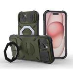 For iPhone 14 Plus Camera Shield Armor MagSafe Holder Phone Case with Strap(Dark Green)