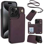 For iPhone 15 Pro Crossbody Dual-Buckle Wallet Back Leather Phone Case(Dark Purple)