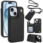 For iPhone 15 Crossbody Dual-Buckle Wallet Back Leather Phone Case(Black)