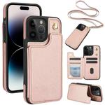 For iPhone 14 Pro Crossbody Dual-Buckle Wallet Back Leather Phone Case(Rose Gold)