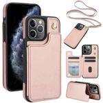 For iPhone 11 Pro Max Crossbody Dual-Buckle Wallet Back Leather Phone Case(Rose Gold)