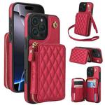 For iPhone 16 Pro AwQuer Crossbody Zipper Wallet Rhombic Leather Back Phone Case(Red)