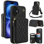 For iPhone 16 Plus AwQuer Crossbody Zipper Wallet Rhombic Leather Back Phone Case(Black)