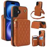 For iPhone 16 AwQuer Crossbody Zipper Wallet Rhombic Leather Back Phone Case(Brown)