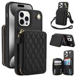 For iPhone 15 Pro Max AwQuer Crossbody Zipper Wallet Rhombic Leather Back Phone Case(Black)