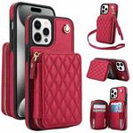 For iPhone 15 Pro Max AwQuer Crossbody Zipper Wallet Rhombic Leather Back Phone Case(Red)