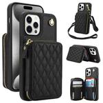 For iPhone 15 Pro AwQuer Crossbody Zipper Wallet Rhombic Leather Back Phone Case(Black)