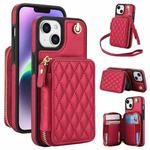 For iPhone 15 Plus AwQuer Crossbody Zipper Wallet Rhombic Leather Back Phone Case(Red)