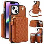 For iPhone 15 Plus AwQuer Crossbody Zipper Wallet Rhombic Leather Back Phone Case(Brown)