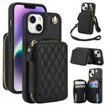 For iPhone 15 AwQuer Crossbody Zipper Wallet Rhombic Leather Back Phone Case(Black)