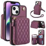 For iPhone 14 / 13 AwQuer Crossbody Zipper Wallet Rhombic Leather Back Phone Case(Dark Purple)