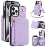 For iPhone 14 Pro AwQuer Crossbody Zipper Wallet Rhombic Leather Back Phone Case(Purple)