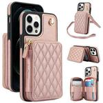 For iPhone 13 Pro Max AwQuer Crossbody Zipper Wallet Rhombic Leather Back Phone Case(Rose Gold)