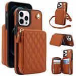 For iPhone 13 Pro Max AwQuer Crossbody Zipper Wallet Rhombic Leather Back Phone Case(Brown)