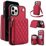 For iPhone 13 Pro AwQuer Crossbody Zipper Wallet Rhombic Leather Back Phone Case(Red)