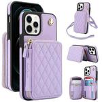 For iPhone 12 Pro Max AwQuer Crossbody Zipper Wallet Rhombic Leather Back Phone Case(Purple)