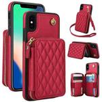 For iPhone X / XS AwQuer Crossbody Zipper Wallet Rhombic Leather Back Phone Case(Red)