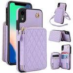 For iPhone XR AwQuer Crossbody Zipper Wallet Rhombic Leather Back Phone Case(Purple)