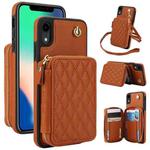 For iPhone XR AwQuer Crossbody Zipper Wallet Rhombic Leather Back Phone Case(Brown)