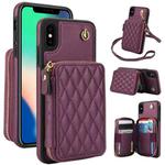 For iPhone XS Max AwQuer Crossbody Zipper Wallet Rhombic Leather Back Phone Case(Dark Purple)