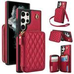 For Samsung Galaxy S23 Ultra 5G AwQuer Crossbody Zipper Wallet Rhombic Leather Back Phone Case(Red)