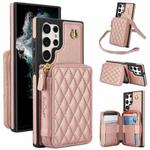 For Samsung Galaxy S23 Ultra 5G AwQuer Crossbody Zipper Wallet Rhombic Leather Back Phone Case(Rose Gold)