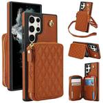 For Samsung Galaxy S23 Ultra 5G AwQuer Crossbody Zipper Wallet Rhombic Leather Back Phone Case(Brown)