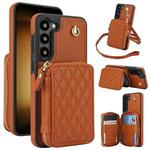 For Samsung Galaxy S23 5G AwQuer Crossbody Zipper Wallet Rhombic Leather Back Phone Case(Brown)