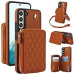 For Samsung Galaxy S22 5G AwQuer Crossbody Zipper Wallet Rhombic Leather Back Phone Case(Brown)