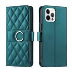 For iPhone 12 Pro Max Ring Buckle Rhombic Leather Phone Case(Green)